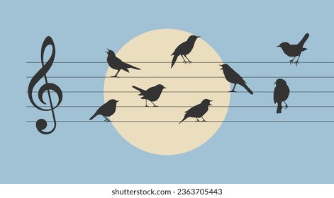 Musical score with birds. Vector illustration of birds sitting on music lines with a treble clef. Template for creativity.