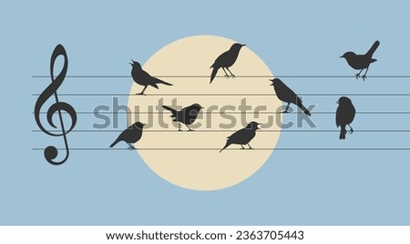 Musical score with birds. Vector illustration of birds sitting on music lines with a treble clef. Template for creativity.