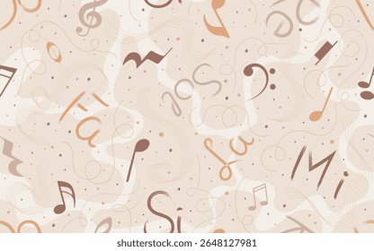 Padrão musical sem emenda. Fundo bege com notas musicais, sílabas de solfège e linhas de redemoinho para blogs temáticos de música, scrapbook, embalagem, tecido