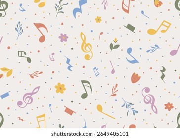 Musical seamless pattern. Endless background with musical notes and flowers for children’s fabrics, scrapbook, or music themed stationery. Pastel kids backdrop.