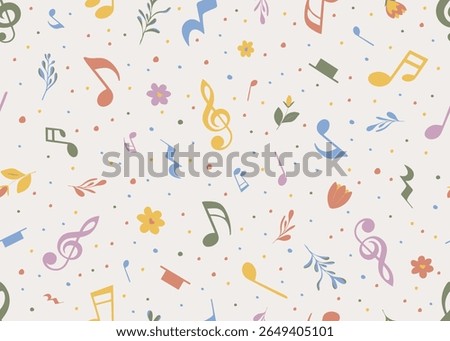 Musical seamless pattern. Endless background with musical notes and flowers for children’s fabrics, scrapbook, or music themed stationery. Pastel kids backdrop.