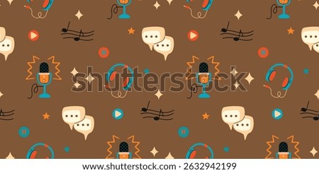Musical seamless pattern with  headphones, microphone, musical notes, start and pause buttons. Blue, orange, yellow and brown colors. Vector design for textile, wallpaper, cover. Cartoon illustration.