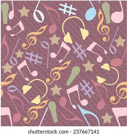 Musical seamless pattern with musical instrument and notes.