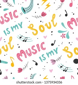 Musical seamless pattern. Musical instruments. Music background. Vector