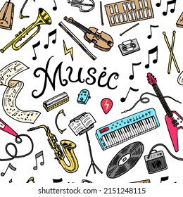 Musical seamless pattern. Musical Instruments. Vector symbols. melody background. Studio sound. Guitar, synthesizer, drums. Hand drawn sketch in vintage doodle style.