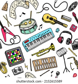 Musical seamless pattern. Musical Instruments. Vector symbols. melody background. Studio sound. Guitar, synthesizer, drums. Hand drawn sketch in vintage doodle style.