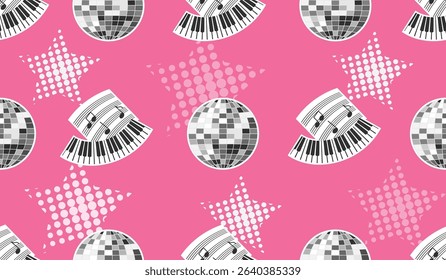 Musical seamless pattern with keyboard instrument, notes and disco ball. White and grey colors on pink background with halftone stars.Vector design for printing on fabric and paper, wallpaper, cover.