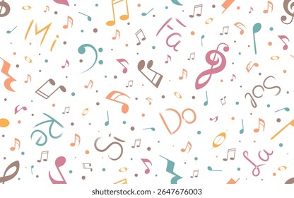Padrão musical sem emenda. Fundo claro com notas musicais e sílabas de solfège para crianças têxtil, blogs temáticos de música, scrapbook, embalagem, tecido