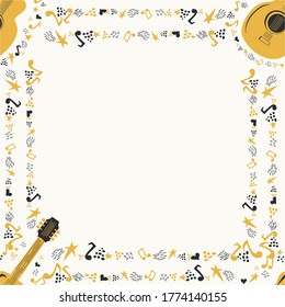 Musical seamless pattern with music notes, guitar. Hand-drawn country guitar, stars and elements