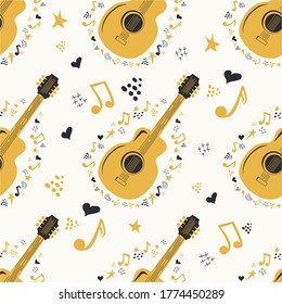 Musical Seamless Pattern With Music Notes, Guitar. Hand-drawn Country Guitar, Stars And Elements