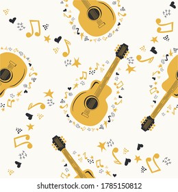 Musical seamless pattern with music notes, guitar. Hand-drawn country guitar, stars and elements