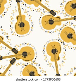 Patrón musical sin fisuras con notas musicales, guitarra. Guitarra, estrellas y elementos de un país dibujado a mano