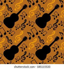 Musical seamless pattern with music notes, treble clef, guitar - vector 