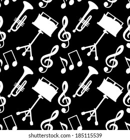 Musical seamless pattern with music notes, treble clef, trumpet, music stand in black and white - vector