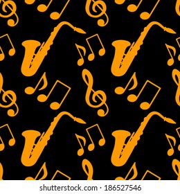 Musical seamless pattern with music notes, treble clef, saxophone in black and gold 