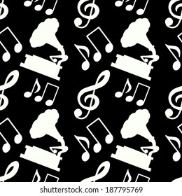 Musical seamless pattern with music notes, treble clef, gramophone in black and white - vector 