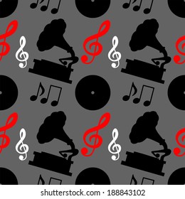 Musical seamless pattern with music notes, treble clef, gramophone. 