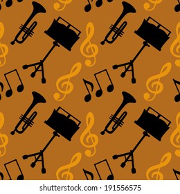 Musical seamless pattern with music notes, treble clef, trumpet, music stand. Endless print silhouette Texture. Retro. Vintage style - vector 