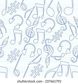 Musical seamless pattern with musical notes and musical instrument.