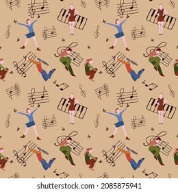 Musical seamless pattern with notes and people. 