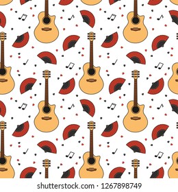 Musical seamless pattern. Paso doble dance party backdrop. Musical acoustic concert, festival, live event background, wallpaper color design. Flat vector cartoon illustrations