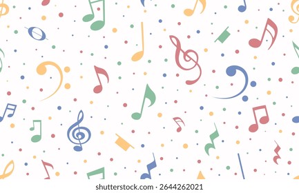 Musical seamless pattern. Pastel musical notes and confetti dots on white background. Perfect for children's products, music themed projects, or celebratory designs