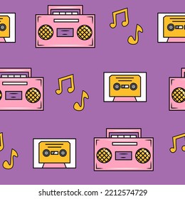 Musical seamless pattern with retro audio tapes. Music seamless background with notes, audio tape, tape recorder in 80s 90s psychedelic cartoon style