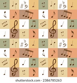 Musical seamless pattern with sheet music, treble clef and bass clef, for music themed designs, guitar cases, music notebooks, wallpaper.