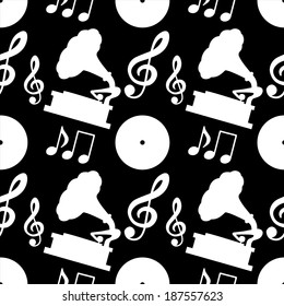 Musical seamless pattern with silhouettes music notes, treble clef, gramophone, vinyl record in black and white - vector 