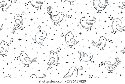 Musical seamless pattern with singing birds. Hand-drawn doodle background with musical notes, stars, and playful polka dots. Scandinavian nursery. For children's interior Fabric, wrapping paper