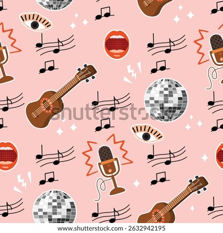 Musical seamless pattern with ukulele, disco ball, microphone, llips, eye, note. Retro elements in brown, orange colors on pink background. Print on fabric and paper. Vector cartoon illustration.