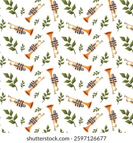 Musical seamless vector pattern with a golden trumpet and green leaves on a white background. Great for background and packaging design  
