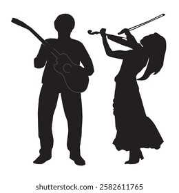 musical set icons guitarist and lady violinist