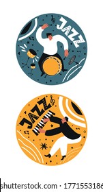 A musical set of jazz people. Musicians play drums and piano. Stylish jazz lettering. Vector music posters for concerts and festivals