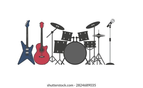 Musical setup featuring electric guitar, acoustic guitar, drum kit, cymbals, and standing microphone for stage performance.