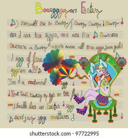 Musical sheet with Easter song titles and gay bunny