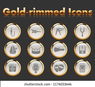 musical shop gold-rimmed vector icons with black background