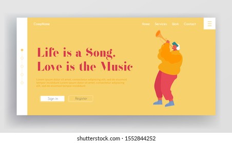 Musical Show or Concert Performance Website Landing Page. Musician Performing on City Street Playing Trumpet for Pedestrians. Talented Man Play Melody Web Page Banner. Cartoon Flat Vector Illustration