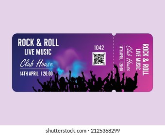 musical show concert ticket template. Concert, party, or festival ticket design template with people crowd on background Vector illustration