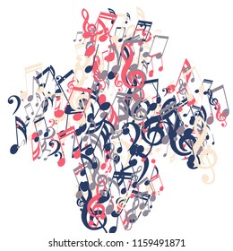 Musical Signs. Abstract Background with Notes, Bass and Treble Clefs. Vector Element for Musical Poster, Banner, Advertising, Card. Minimalistic Simple Background.