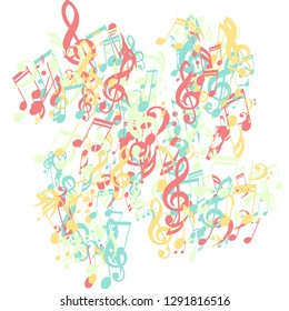Musical Signs. Abstract Background with Notes, Bass and Treble Clefs. Vector Element for Musical Poster, Banner, Advertising, Card. Minimalistic Simple Background.