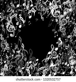 Musical Signs. Abstract Background with Notes, Bass and Treble Clefs. Vector Element for Musical Poster, Banner, Advertising, Card. Minimalistic Simple Background.