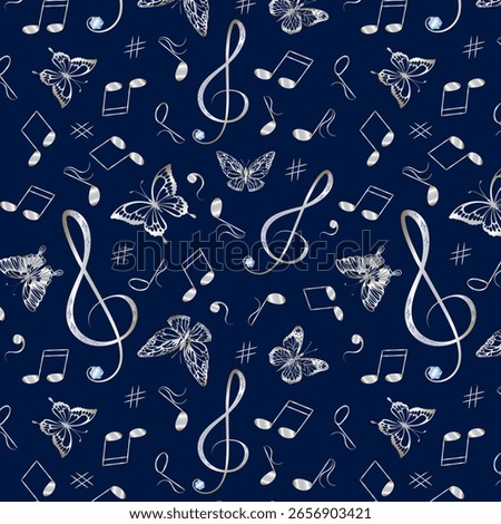 Musical signs and butterflies.Vector seamless pattern of musical symbols and stylized butterflies on a blue background.