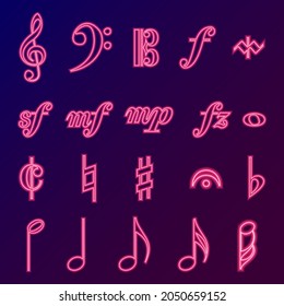 Musical signs neon design. Vector music symbol isolated on dark background. 