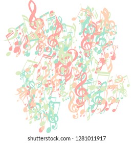 Musical Signs. Trendy Background with Notes, Bass and Treble Clefs. Vector Element for Musical Poster, Banner, Advertising, Card. Minimalistic Simple Background.