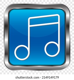 Musical simple icon vector. Flat design. Metal, blue square button. Transparent grid.ai