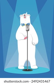 Musical singing animal, celebration concert. Poster with cartoon singing polar bear. Perfect for invitation card, poster, birthday card, textiles and baby shower. 