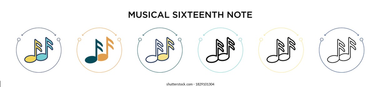 Musical sixteenth note icon in filled, thin line, outline and stroke style. Vector illustration of two colored and black musical sixteenth note vector icons designs can be used for mobile, ui, web