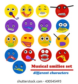 Musical smilies set-different characters. Vector illustration.