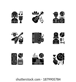 Musical songs types black glyph icons set on white space. Different genres. National musical instruments. Playing technics variety. Silhouette symbols. Vector isolated illustration